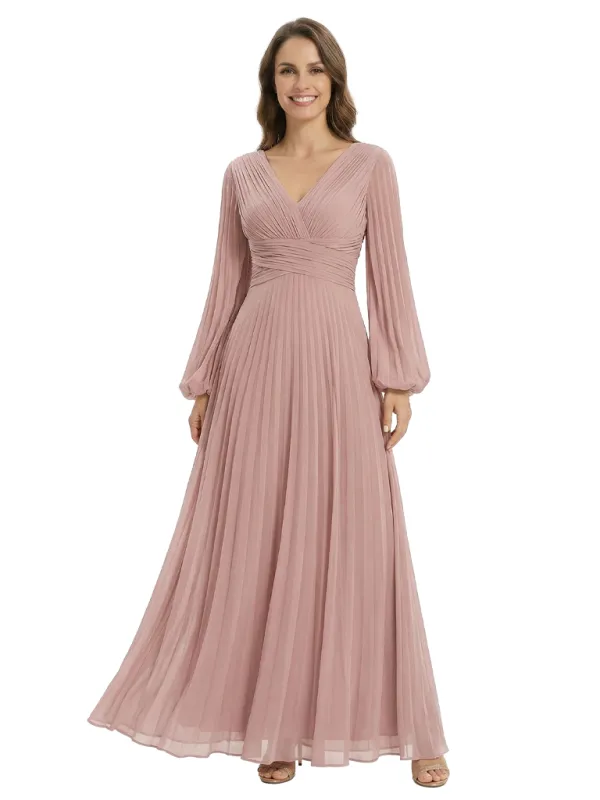 Elegant Pleated Mother of the Bride Gown V-Neck Bishop Sleeve Flowy Chiffon Maxi Dress sold by ChicSew