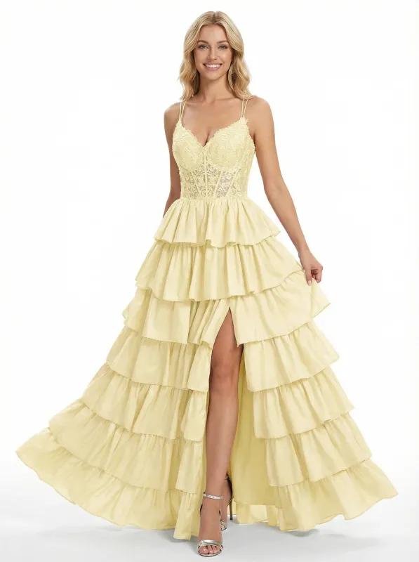 Sweet Cut Out Corset V-neck A-line Side Slit Long Evening Prom Dresses with Ruffle Skirt sold by ChicSew