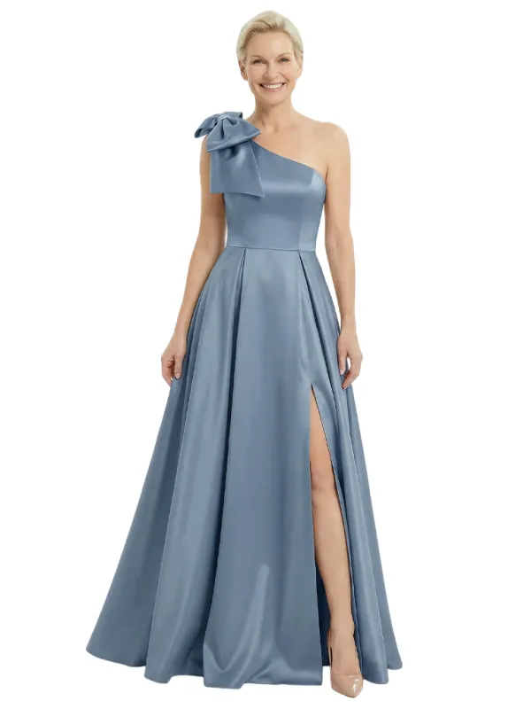 Modern One Shoulder Satin A-Line Mother of the Groom Dress with Bow Detail sold by ChicSew
