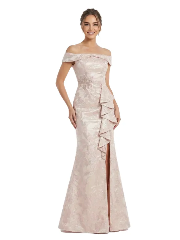 Elegant Off The Shoulder Ruffle Floral Jacquard Side Slit Mermaid Long Formal Dresses sold by ChicSew