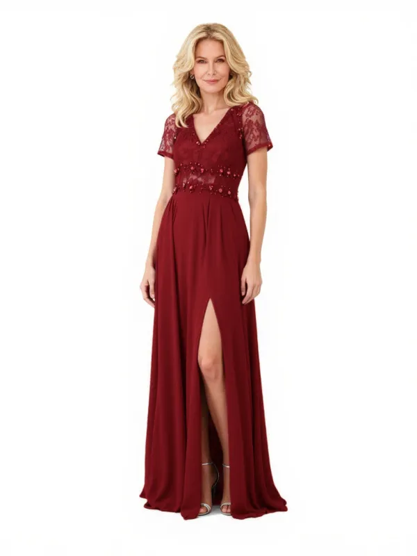 Elegant Chiffon V-Neck A-Line Short Sleeves Lace Beaded Long Mother of The Bride Dresses Slit sold by ChicSew