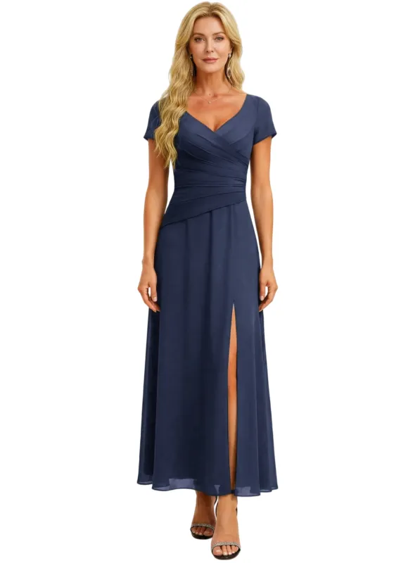 Elegant Chiffon V-Neck Short Sleeves Side Slit A-Line Midi Mother Of The Bride Dresses sold by ChicSew