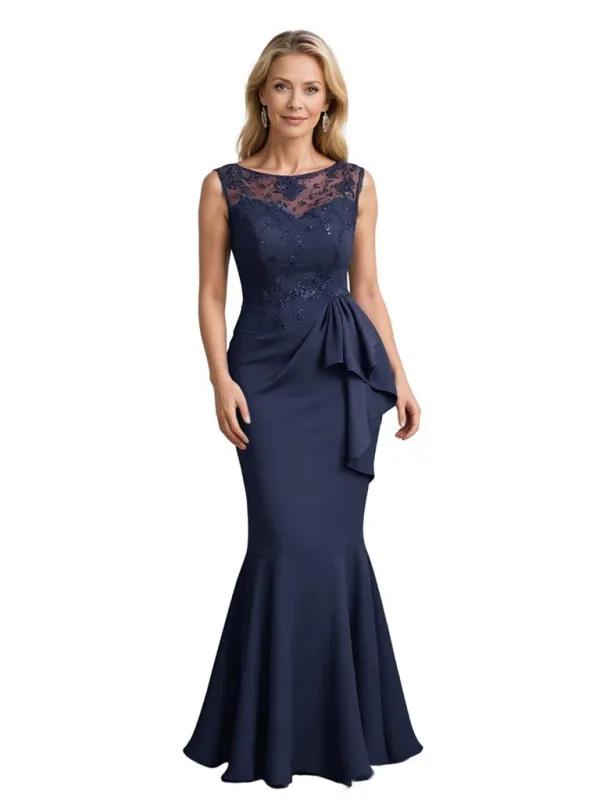 Elegant Lace Ruffles Mermaid Crepe Long Mother of The Bride and Groom Dresses made by ChicSew