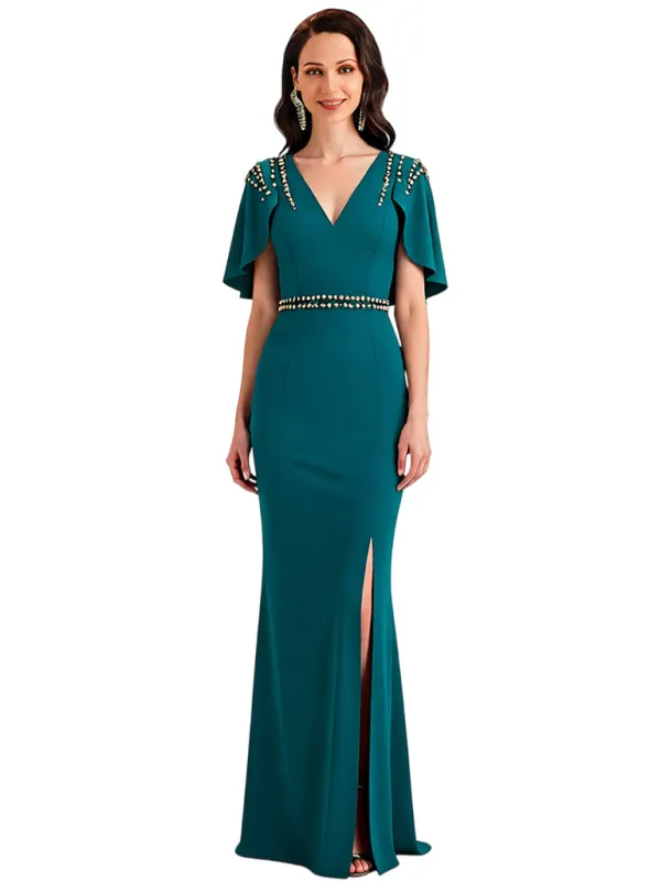 Elegant V-neck Flutter Sleeves Mermaid Slit Crepe Mother Of The Bride Dresses sold by ChicSew