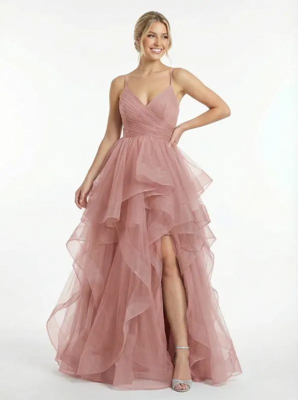 Unique Tiered Tulle Ball Gown Slit With Criss-Cross V-Neck Bodice sold by ChicSew