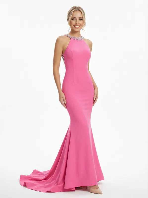 Elegant Halter Mermaid Crepe Beaded Evening Prom Dresses with Bowknot sold by ChicSew