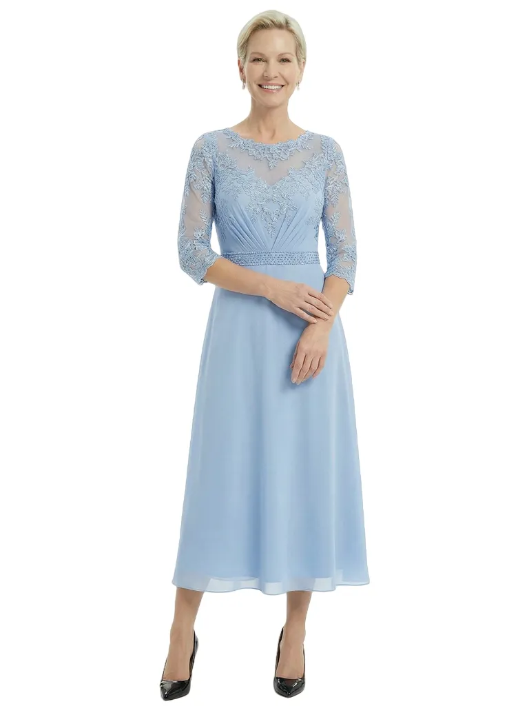 Sophisticated Lace Chiffon Mother Of The Groom Dress Half Sleeves Tea-Length Gown sold by ChicSew