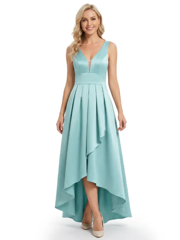 Elegant V-Neck High-Low Mother Of The Bride Dress Pleated Satin A-Line Sleeveless Gown sold by ChicSew