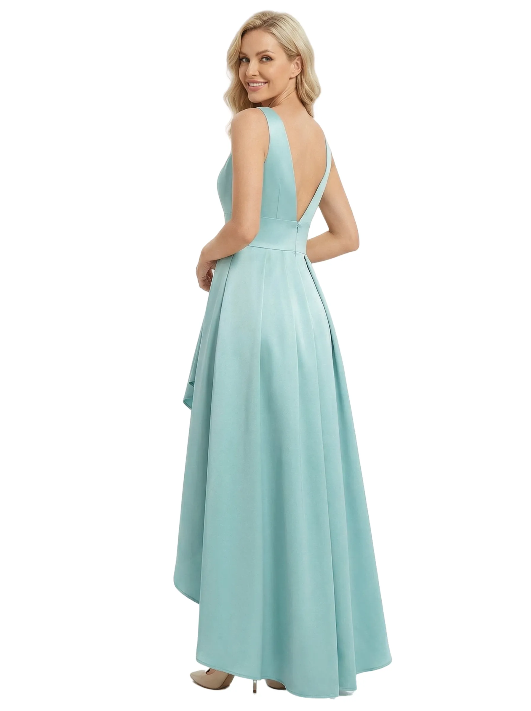 Elegant V-Neck High-Low Mother Of The Bride Dress Pleated Satin A-Line Sleeveless Gown sold by ChicSew product image thumbnail 3