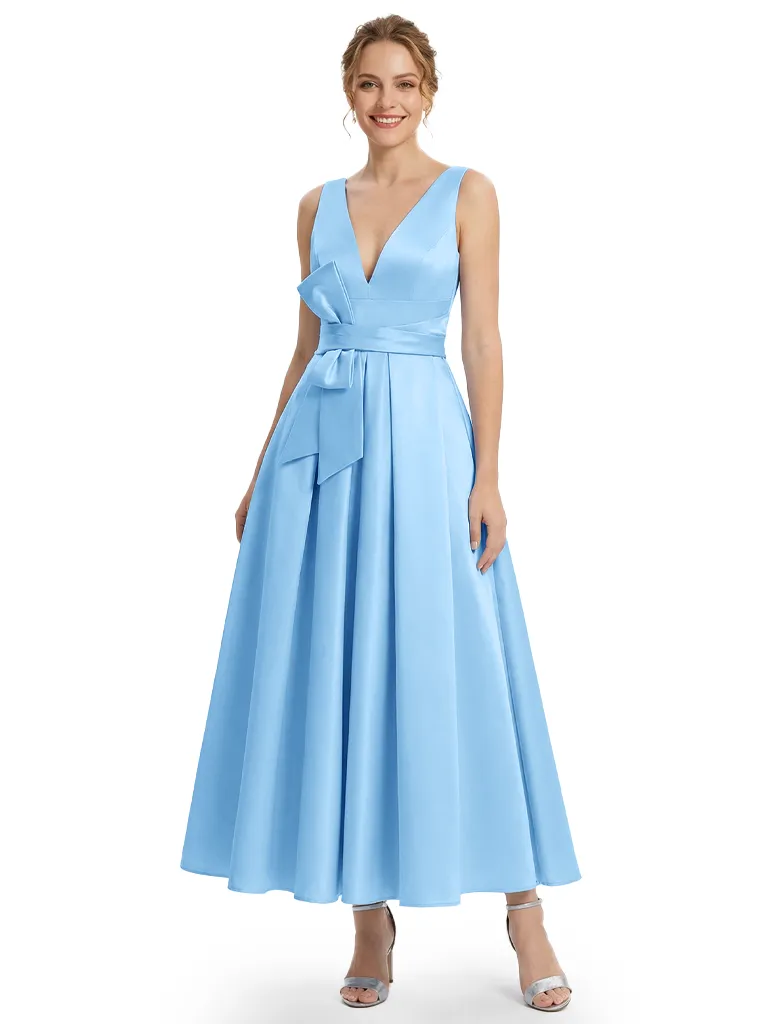 Classy Sleeveless V-Neck Bow Knot Mother Of The Bride Dress Satin A-Line Formal Gown sold by ChicSew product image thumbnail 5