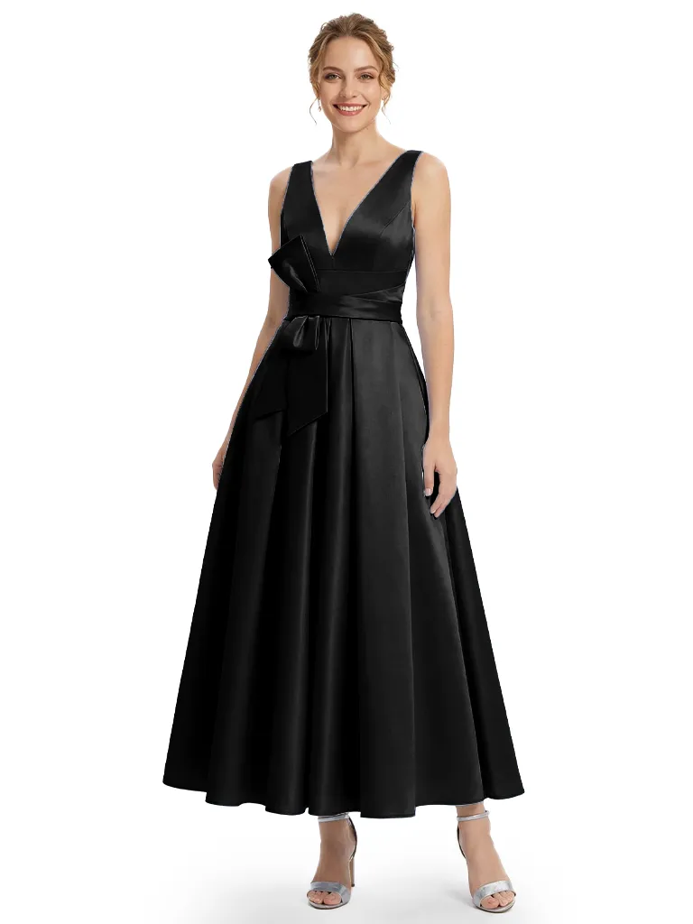 Classy Sleeveless V-Neck Bow Knot Mother Of The Bride Dress Satin A-Line Formal Gown sold by ChicSew product image thumbnail 4