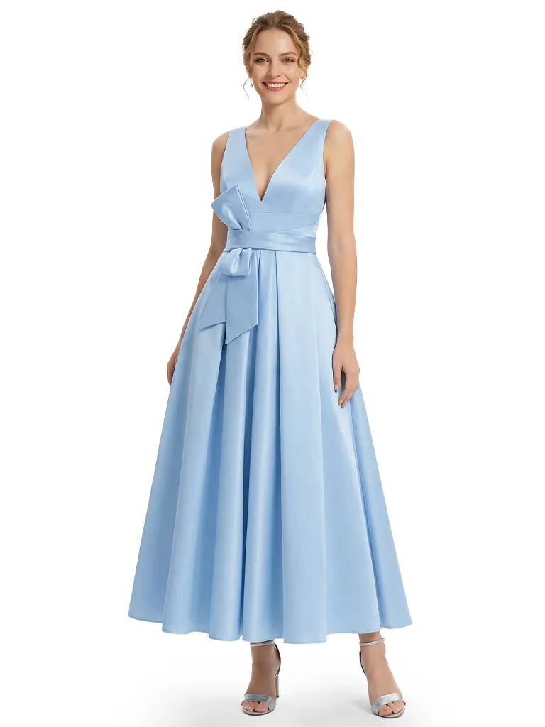 Classy Sleeveless V-Neck Bow Knot Mother Of The Bride Dress Satin A-Line Formal Gown sold by ChicSew