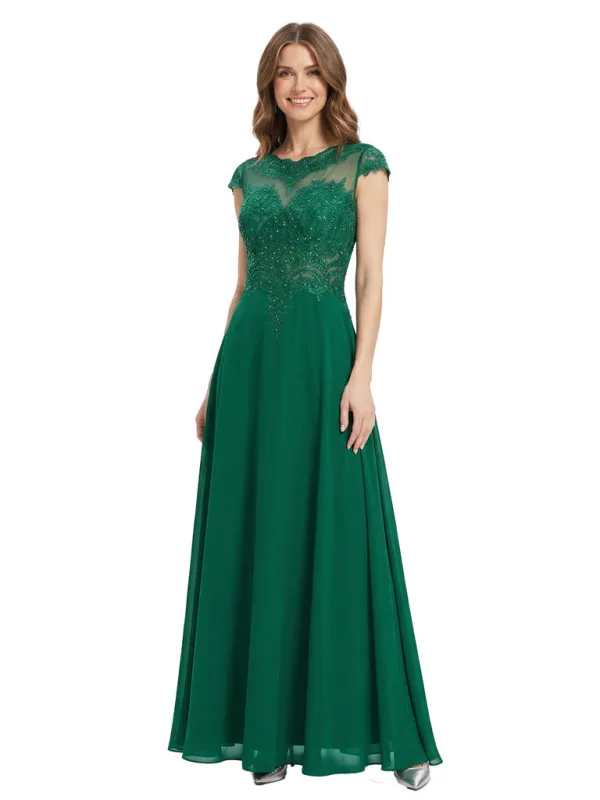 Elegant A-Line Illusion Cap Sleeves Lace Chiffon Long Mother Of The Bride Dresses sold by ChicSew