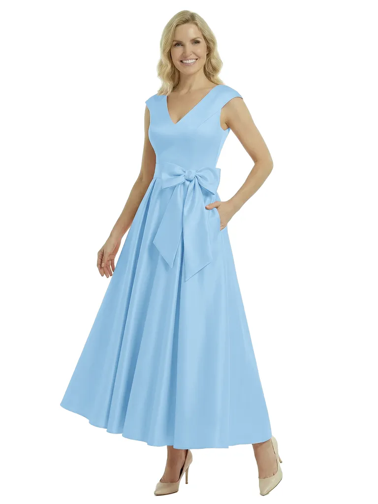 Pretty V-Neck Satin Bow Detail A-Line Mother Of The Groom Dress With Pocket sold by ChicSew product image thumbnail 5