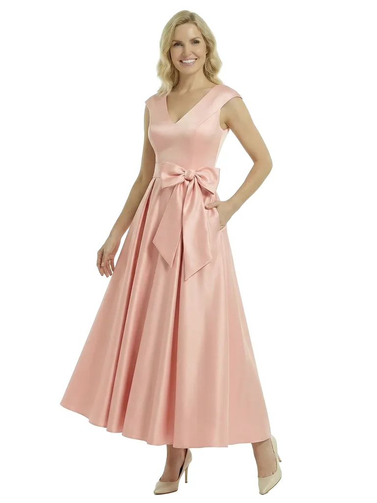 Pretty V-Neck Satin Bow Detail A-Line Mother Of The Groom Dress With Pocket sold by ChicSew