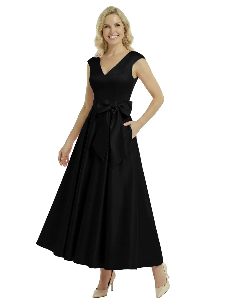 Pretty V-Neck Satin Bow Detail A-Line Mother Of The Groom Dress With Pocket sold by ChicSew product image thumbnail 4