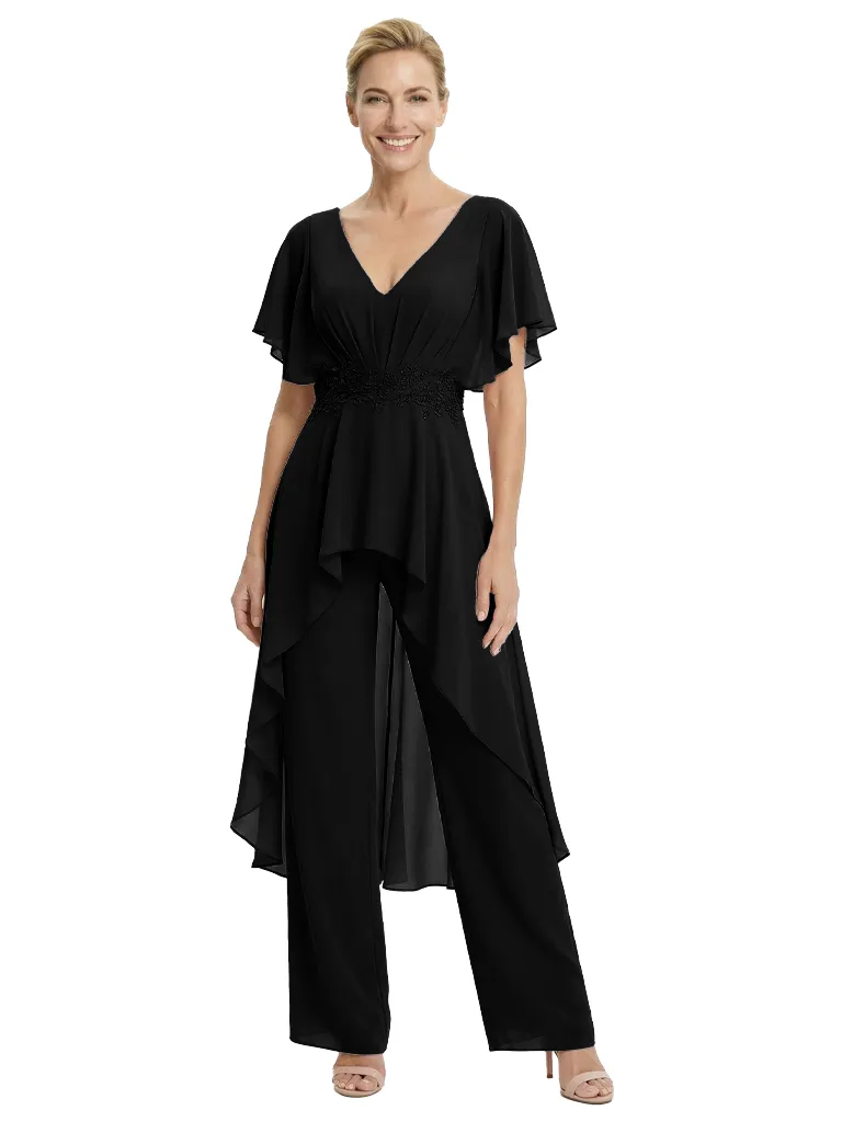 Stylish Mother Of The Bride Pantsuit V-Neck Flutter Sleeves Chiffon Overlay Jumpsuit sold by ChicSew product image thumbnail 4
