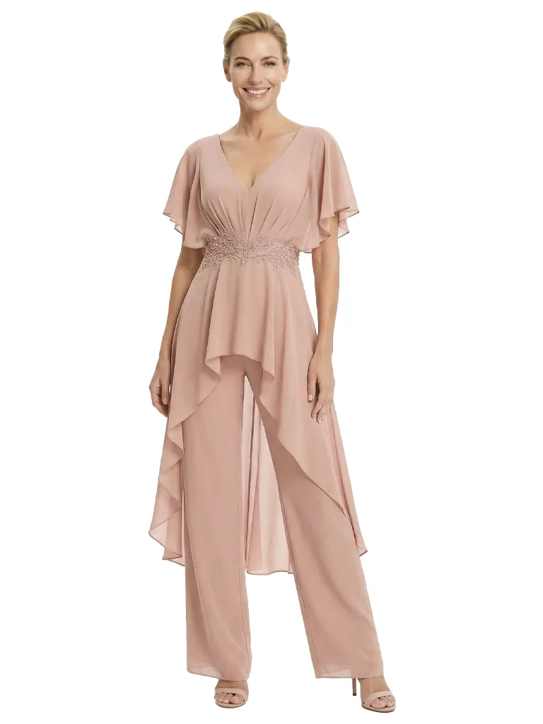 Stylish Mother Of The Bride Pantsuit V-Neck Flutter Sleeves Chiffon Overlay Jumpsuit sold by ChicSew