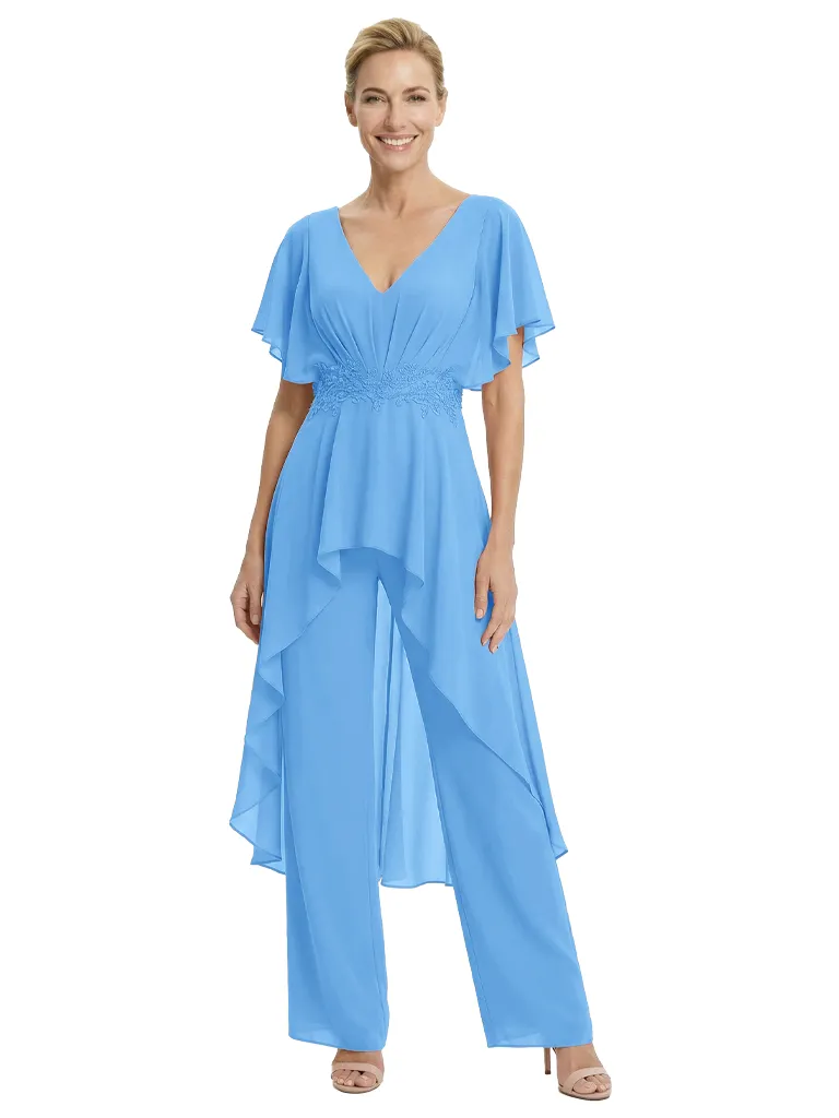 Stylish Mother Of The Bride Pantsuit V-Neck Flutter Sleeves Chiffon Overlay Jumpsuit sold by ChicSew product image thumbnail 5