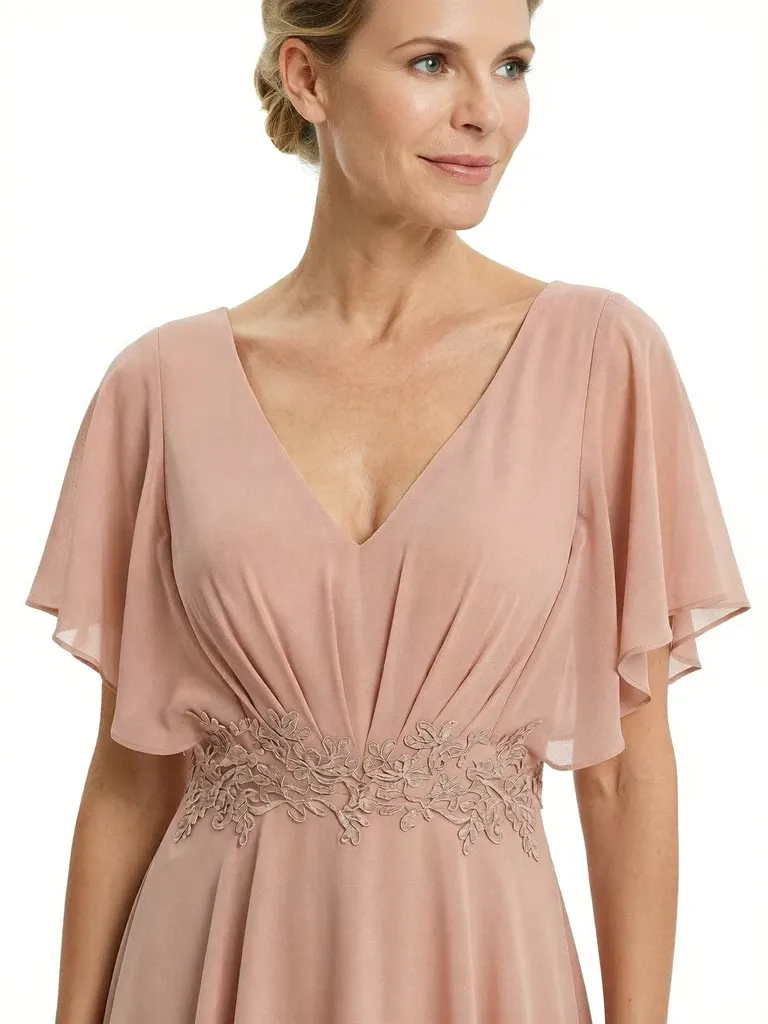 Stylish Mother Of The Bride Pantsuit V-Neck Flutter Sleeves Chiffon Overlay Jumpsuit sold by ChicSew product image thumbnail 2