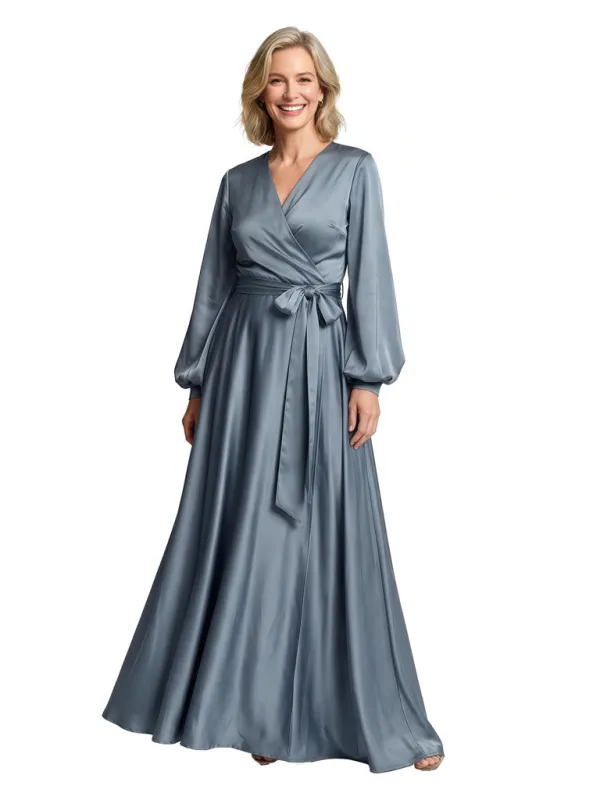 Mother Of The Groom V-Neck Long Sleeves Satin A-Line Floor Length Formal Bride Mother Wear sold by ChicSew