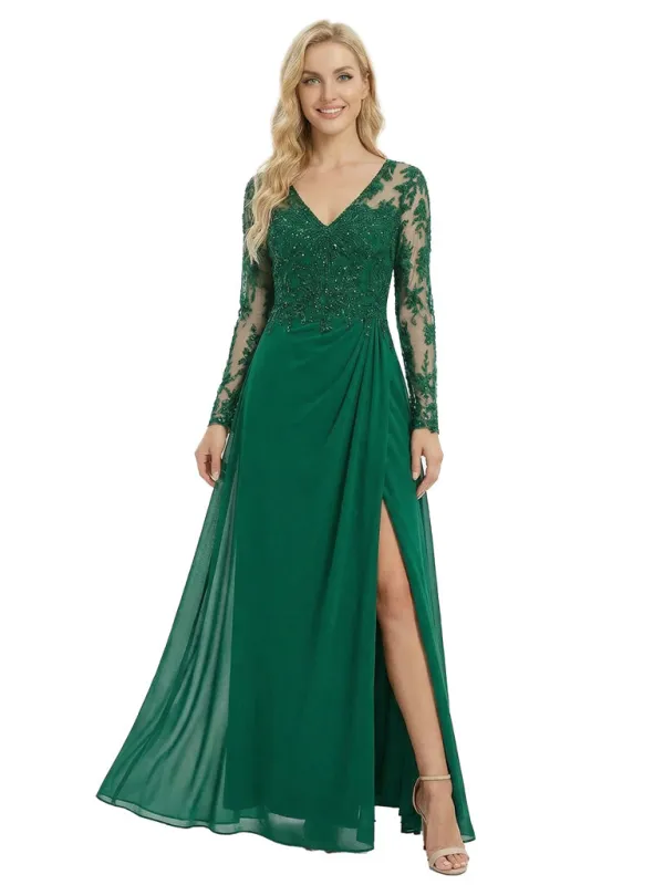 Modern Long Sleeves Lace Beaded V-Neck A-Line Mother Of The Bride Dresses sold by ChicSew