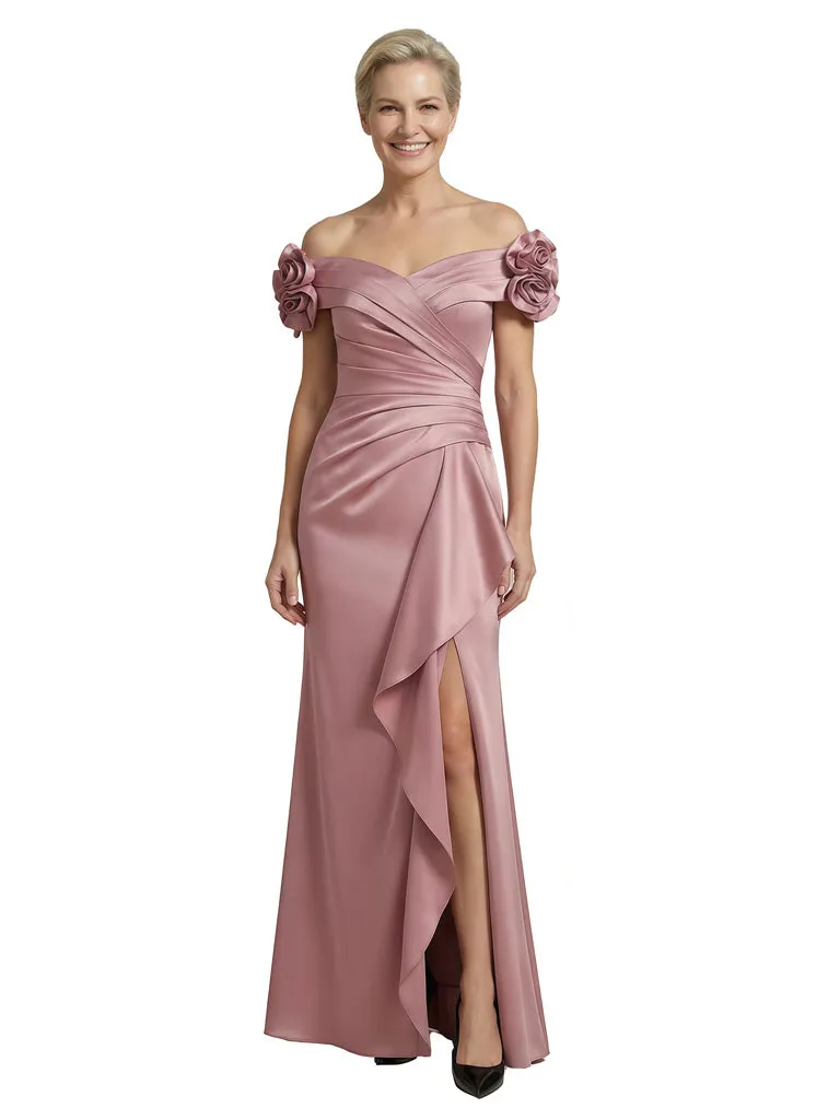 Mother Of The Groom Off Shoulder Side Slit Satin Mermaid Ruched Formal Bride Mother Wear sold by ChicSew