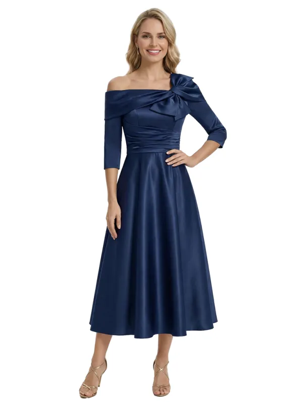 Mother of The Groom Gown Off Shoulder Long Sleeve Bow Satin Tea-Length A-Line Dress Trendy Wedding Guest Attire sold by ChicSew