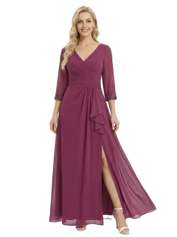 Elegant A-Line V-Neck Ruffles Side Slit 3/4 Sleeves Mother Of The Bride Dress Chiffon Gown sold by ChicSew