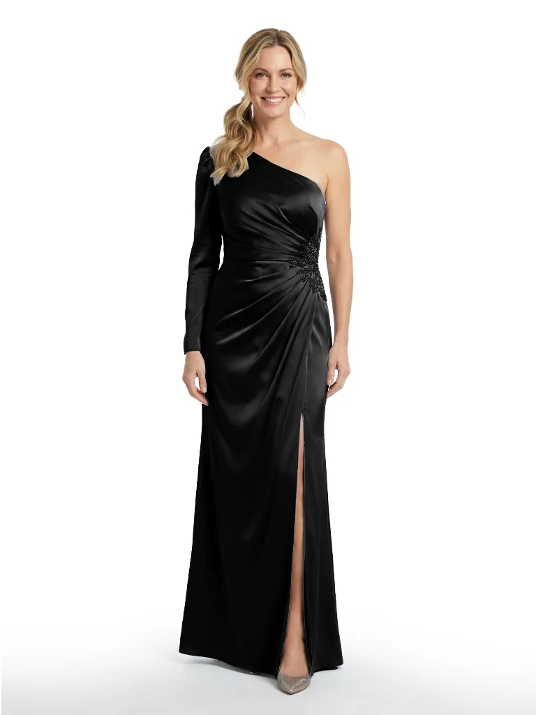 Classy One Shoulder Long Sleeve Floor-Length Satin Mother of The Bride Dress sold by ChicSew product image thumbnail 4