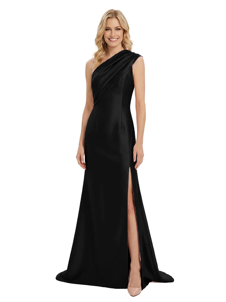 Mother of The Groom One Shoulder Sleeveless Ruffled Satin Side Slit Mermaid Floor Length Formal Bride Mother Wear sold by ChicSew product image thumbnail 4