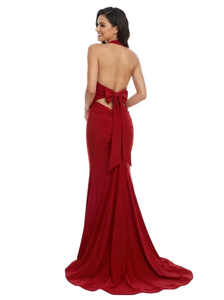 Sexy Crepe Halter Sleeveless Bow Back Mermaid Long Party Prom Dresses sold by ChicSew product image thumbnail 3