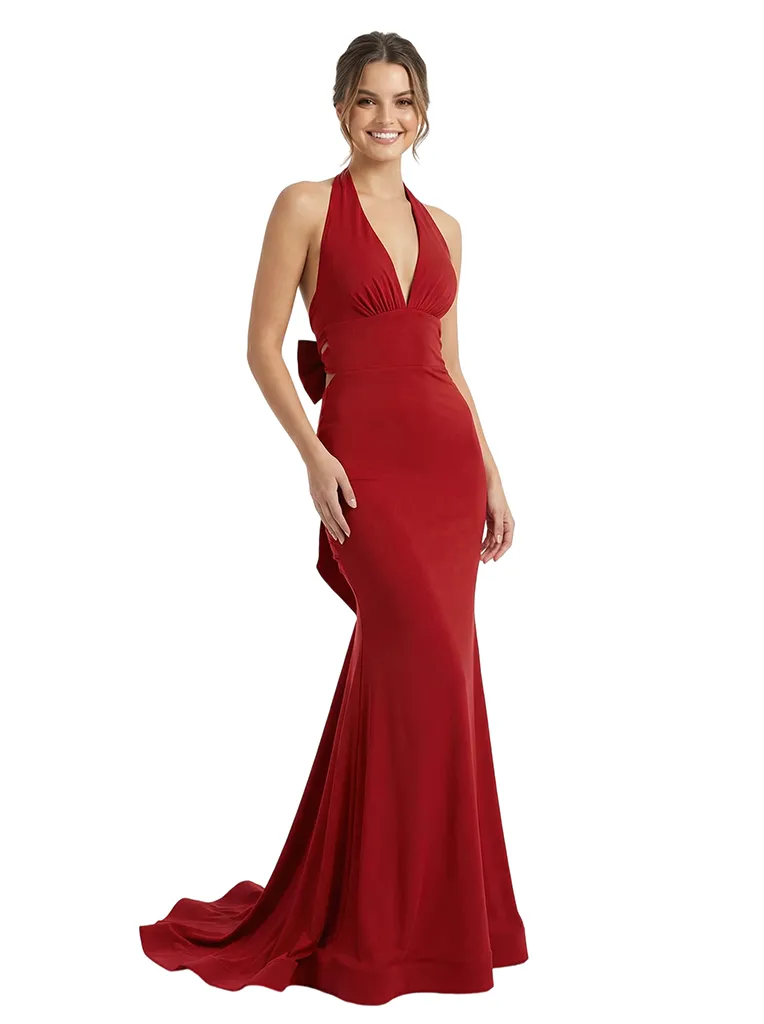 Sexy Crepe Halter Sleeveless Bow Back Mermaid Long Party Prom Dresses sold by ChicSew