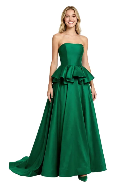 Classy Strapless A-Line Satin Evening Prom Dress featuring Flirty Peplum Waist sold by ChicSew
