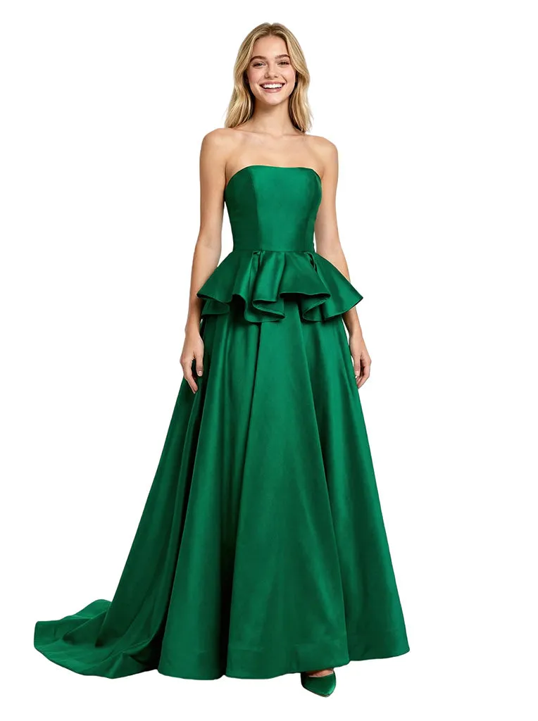 Classy Strapless A-Line Satin Evening Prom Dress featuring Flirty Peplum Waist sold by ChicSew