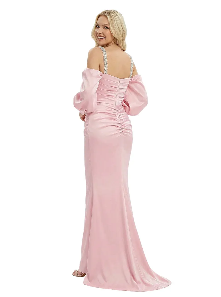 Modern Spaghetti Straps Long Sleeves Satin Mermaid Prom Dress Floor Length Evening Gown sold by ChicSew product image thumbnail 3
