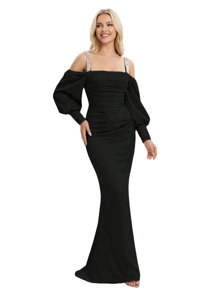 Modern Spaghetti Straps Long Sleeves Satin Mermaid Prom Dress Floor Length Evening Gown sold by ChicSew product image thumbnail 4