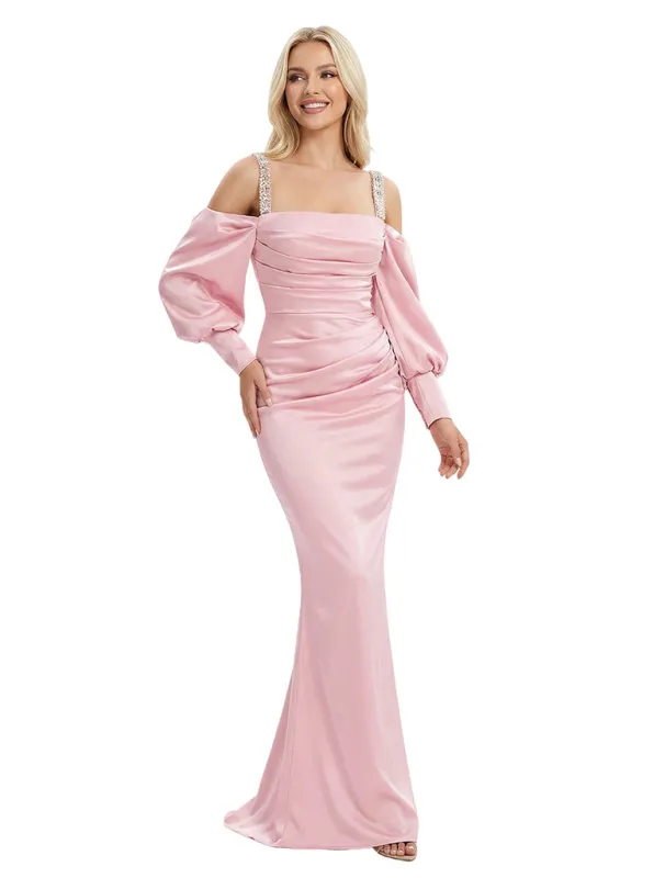 Modern Spaghetti Straps Long Sleeves Satin Mermaid Prom Dress Floor Length Evening Gown sold by ChicSew