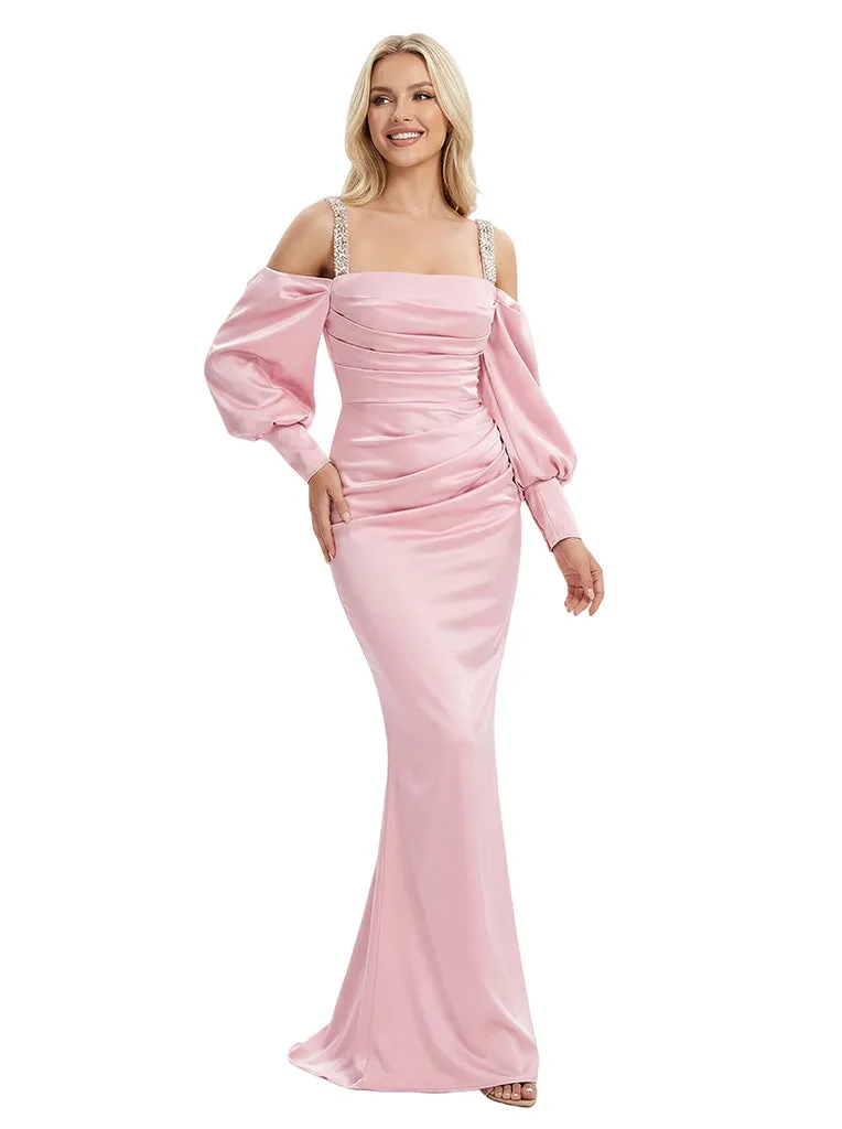 Modern Spaghetti Straps Long Sleeves Satin Mermaid Prom Dress Floor Length Evening Gown sold by ChicSew