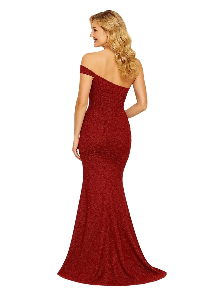 Sparkly Off Shoulder Glitter Jersey Mermaid Ruched Evening Prom Dresses sold by ChicSew product image thumbnail 3