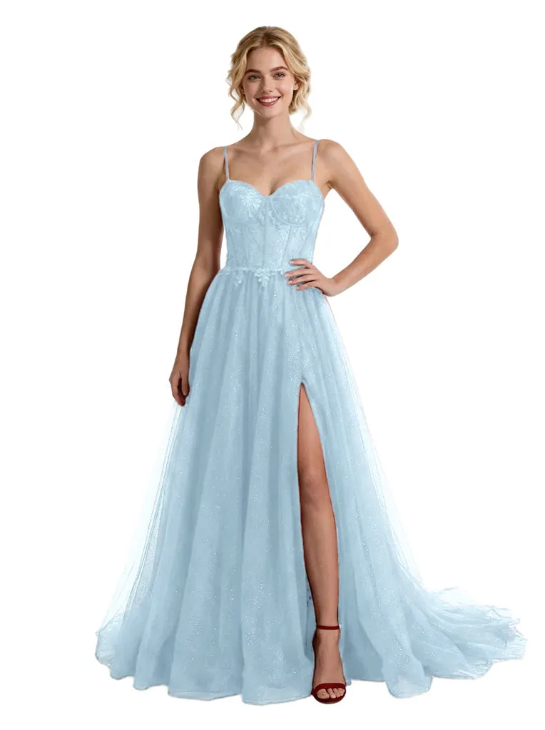 Gorgeous Spaghetti Straps Side Slit Glitter Tulle A-line Boning Floor-Length Evening Prom Dresses sold by ChicSew product image thumbnail 5