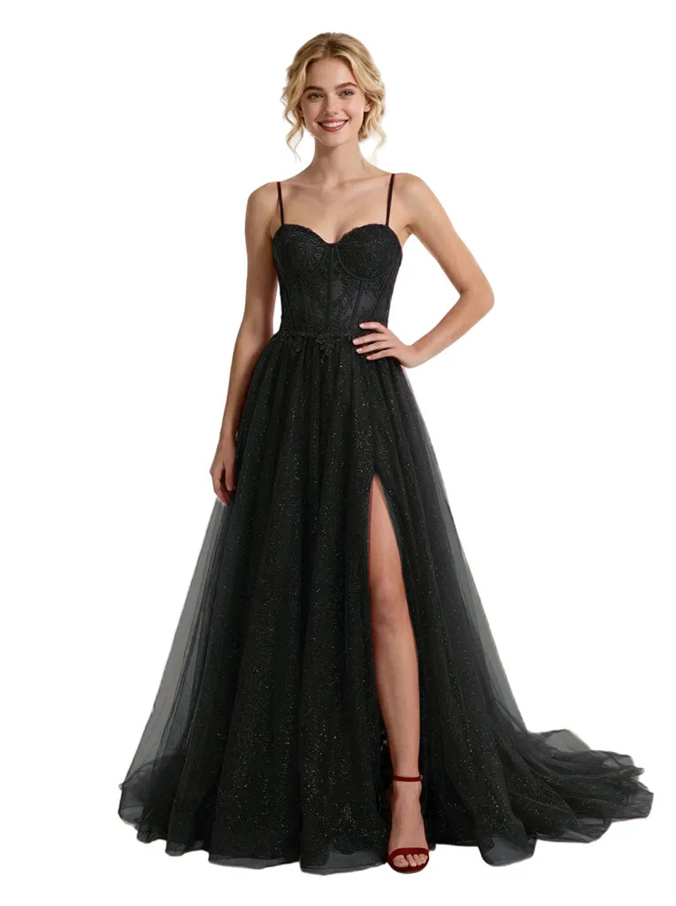 Gorgeous Spaghetti Straps Side Slit Glitter Tulle A-line Boning Floor-Length Evening Prom Dresses sold by ChicSew product image thumbnail 4