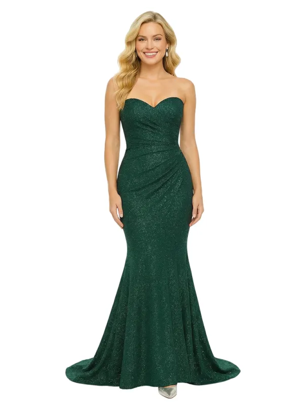 Sparkly Sweetheart Glitter Jersey Mermaid Ruched Evening Prom Dresses sold by ChicSew