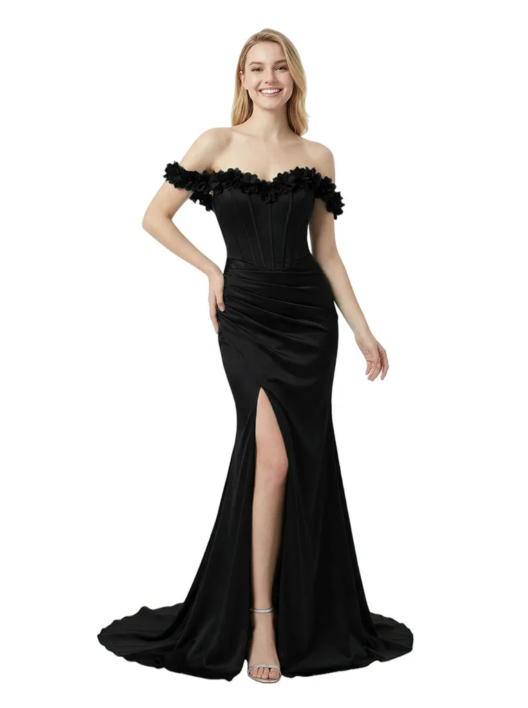 Beautiful Off Shoulder Corset Satin Prom Dress Slit With 3D Floral Handmade Flower sold by ChicSew product image thumbnail 4