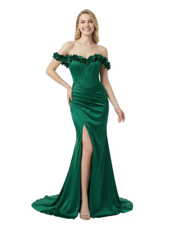 Beautiful Off Shoulder Corset Satin Prom Dress Slit With 3D Floral Handmade Flower made by ChicSew