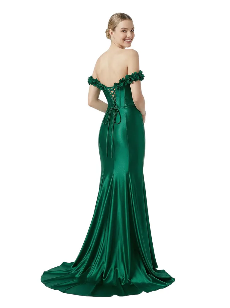Beautiful Off Shoulder Corset Satin Prom Dress Slit With 3D Floral Handmade Flower sold by ChicSew product image thumbnail 3