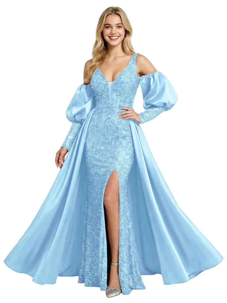 Gorgeous V-Neck Long Sleeves Satin Sequin Mermaid Prom Gown Overskirt sold by ChicSew product image thumbnail 5