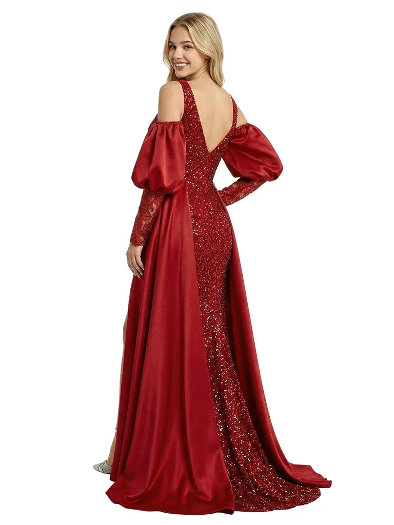 Gorgeous V-Neck Long Sleeves Satin Sequin Mermaid Prom Gown Overskirt sold by ChicSew product image thumbnail 3