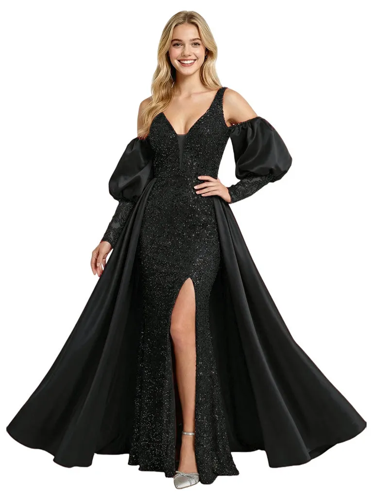 Gorgeous V-Neck Long Sleeves Satin Sequin Mermaid Prom Gown Overskirt sold by ChicSew product image thumbnail 4