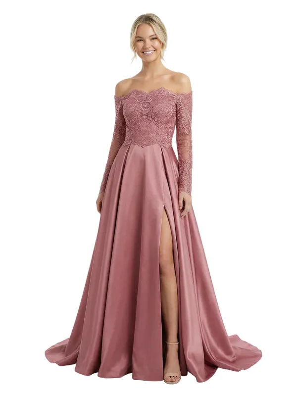 Unique Off-Shoulder Lace Long Sleeve Satin A-Line Prom Gown Slit sold by ChicSew